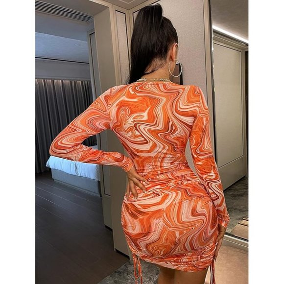 NWT Floerns Womens Marble Print Drawstring Side Bodycon Dress Orange White SZ M - Picture 3 of 13